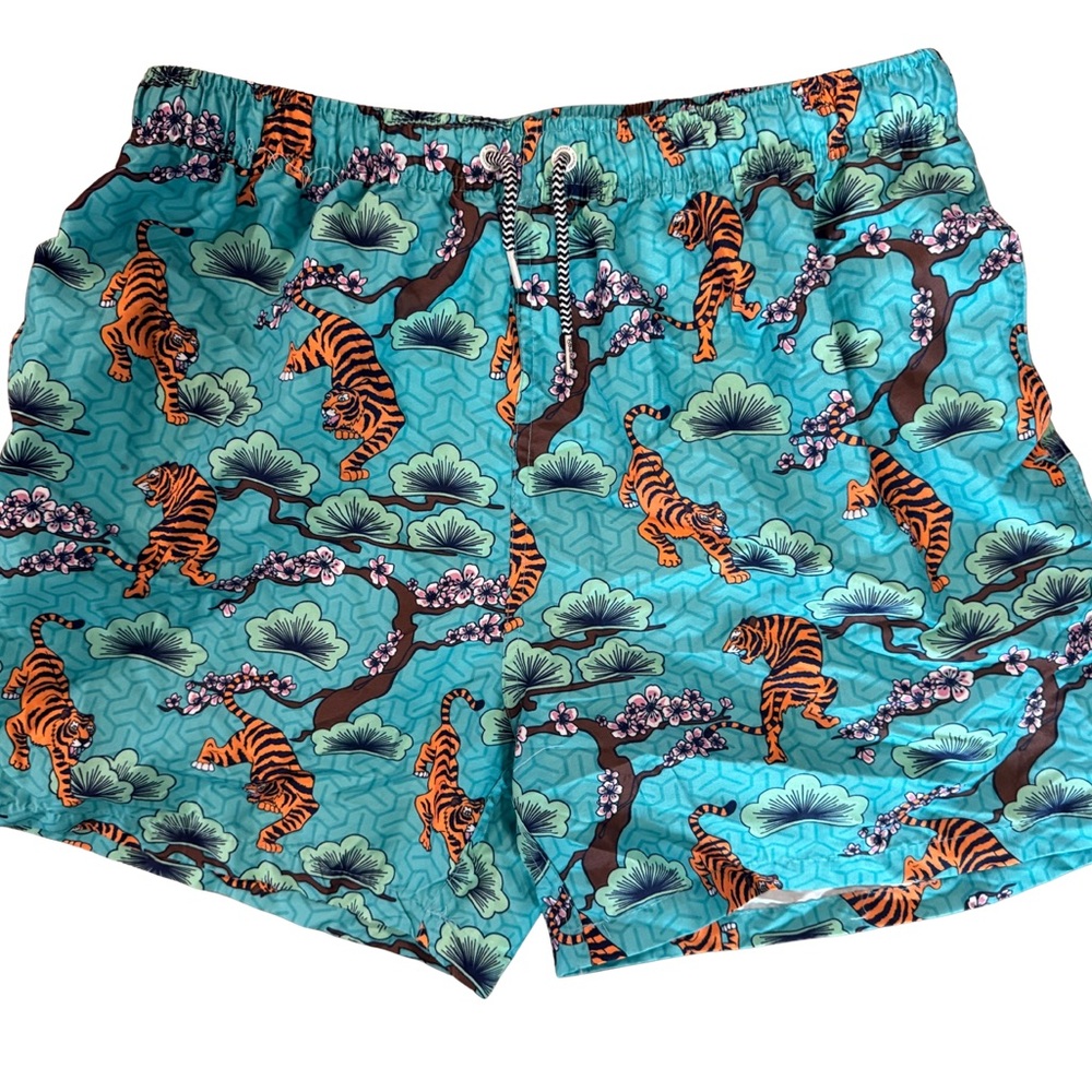 Men's Turquoise Tiger Print Swim Trunks